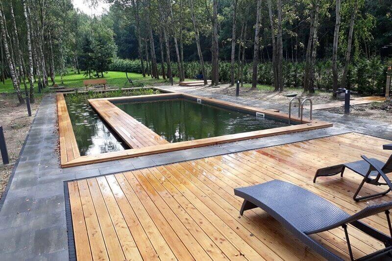 Naturalny zbiornik wodny z drewnianym pomostem i tarasem, otoczony lasem brzozowym, z dwoma leżakami na pierwszym planie.