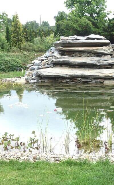 Naturalny zbiornik wodny z kaskadą z płaskich kamieni w ogrodzie, otoczony roślinnością wodną i zielenią trawnika.