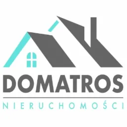 Logo firmy DOMATROS Nieruchomości z graficznym symbolem domu w kolorach szaro-turkusowych, stylizowane na nowoczesne.