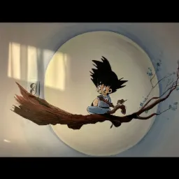 Ręcznie malowana postać z anime siedząca na gałęzi na tle księżyca, dekoracja pokoju dziecięcego, widoczny włącznik światła.