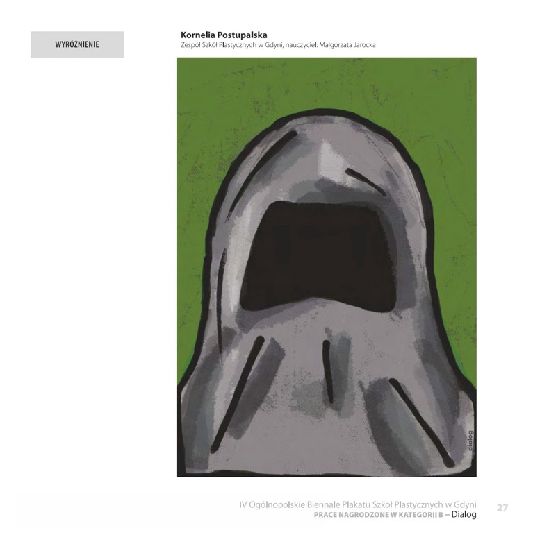 Ilustracja przedstawiająca stylizowaną, szarą postać na zielonym tle, przypominającą ducha lub kształt wydobywający się z mroku, z czarnymi elementami sugerującymi otwory lub wgłębienia.