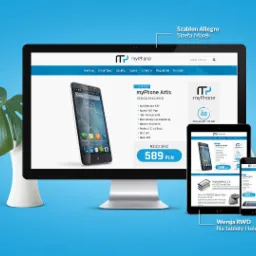 Prezentacja responsywnego szablonu strony internetowej myPhone na monitorze, tablecie i smartfonie, z zielonym liściem monstery w wazonie po lewej stronie i ołówkami w złotym pojemniku po prawej...