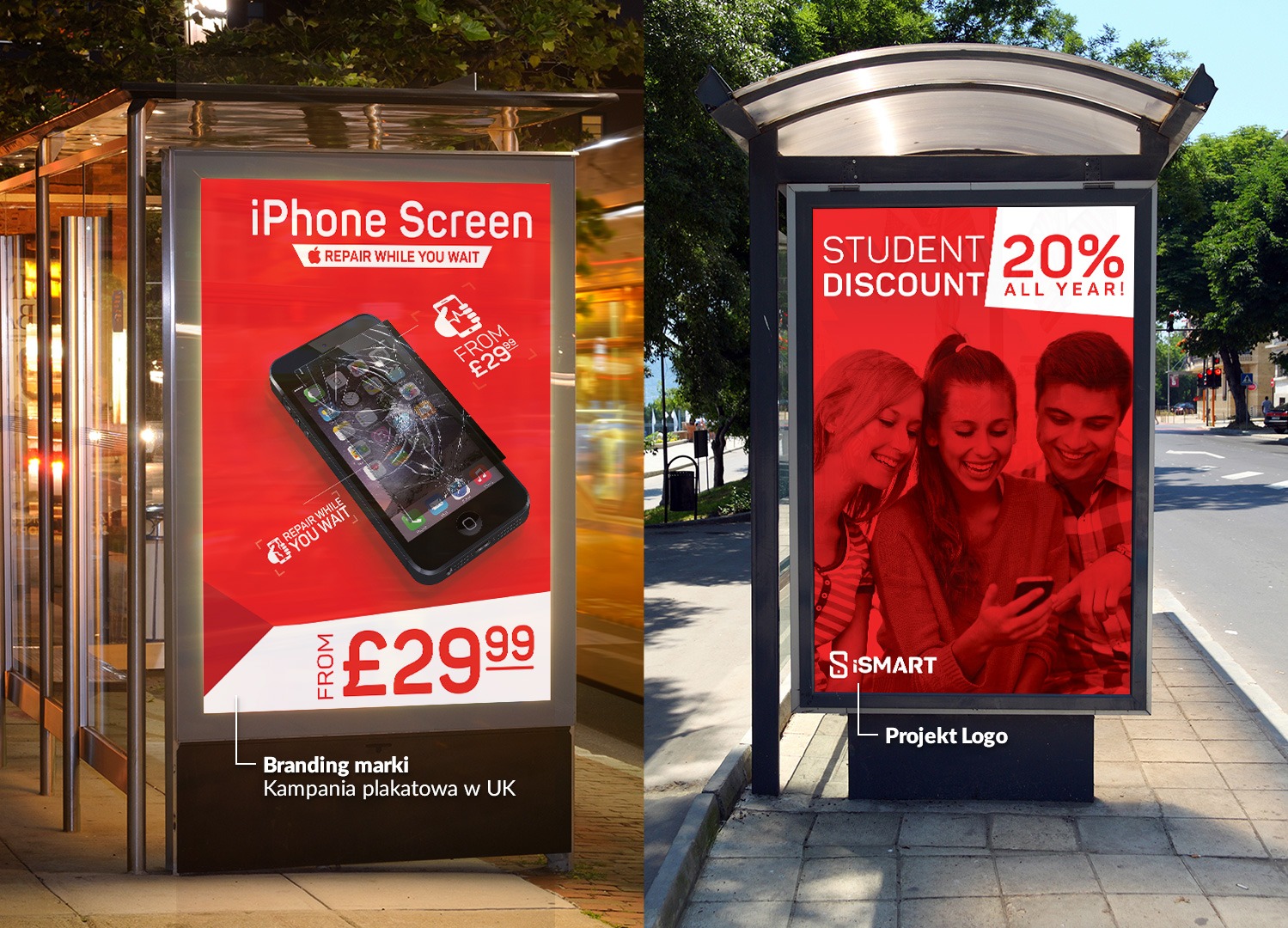 Dwa plakaty reklamowe w wiatach przystankowych: jeden z pękniętym ekranem iPhone'a i hasłem o naprawie, drugi z uśmiechniętymi studentami i rabatem 20%.