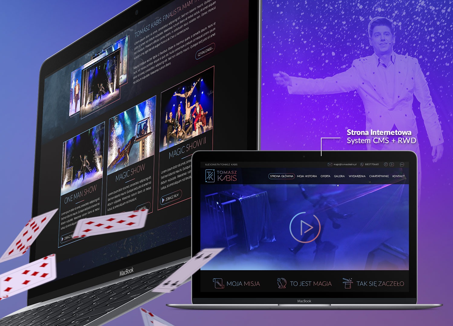 Dwa laptopy MacBook wyświetlają stronę internetową iluzjonisty Tomasza Kabisa, z prezentacją jego występów i ofertą, w tle wizerunek iluzjonisty w białym kostiumie.