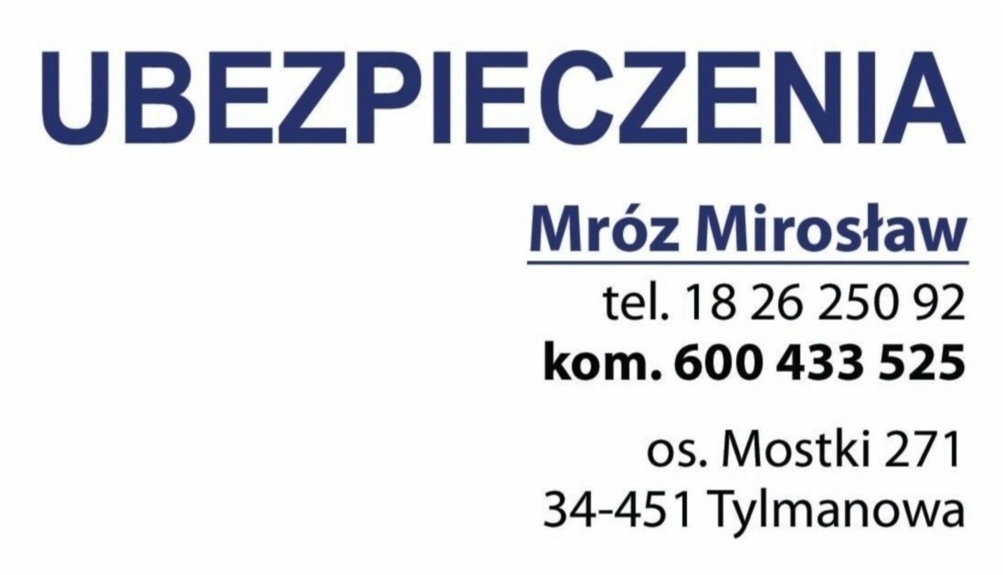 Wizytówka firmy ubezpieczeniowej Mróz Mirosław z numerami telefonów i adresem w Tylmanowej, na białym tle.
