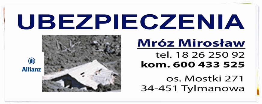 Reklama z logiem Allianz i danymi kontaktowymi agenta ubezpieczeniowego Mirosława Mroza, obok zdjęcie zniszczonego domu.