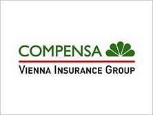 Logo firmy Compensa Vienna Insurance Group z zielonym napisem COMPENSA, czerwonym podkreśleniem i czarnym napisem Vienna Insurance Group oraz zielonym symbolem graficznym przypominającym wachlarz...