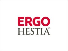 Czerwono-białe logo firmy ERGO HESTIA na białym tle.