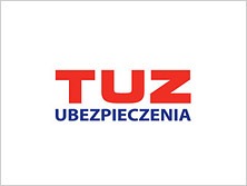Logo TUZ Ubezpieczenia na białym tle, z czerwonym napisem 'TUZ' i niebieskim 'UBEZPIECZENIA' poniżej.