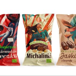 Rio Brande - Trzy unikalne projekty opakowań słodyczy Malu Food: 'Nieziemskie Mleczko' z astronautą, 'Michalinki' z kobietą i 'Jaskółki' z ptakiem i alkoholem. Ekologiczne, z logo.