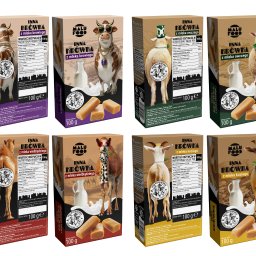 Inna Krówka — projekt serii opakowań z konsekwentnym systemem kolorów wariantów, autorskimi ilustracjami zwierząt i czytelną architekturą informacji (w tym prepress pod druk).