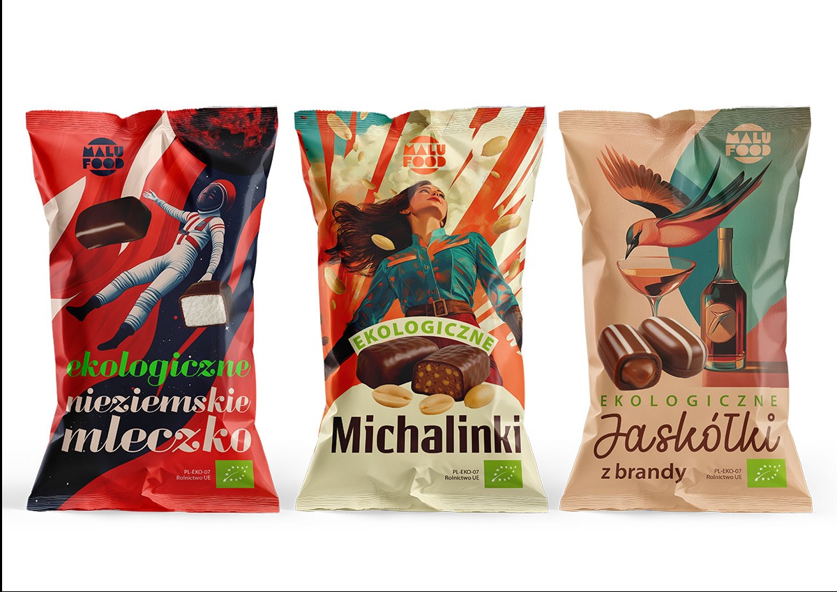 Trzy unikalne projekty opakowań słodyczy Malu Food: 'Nieziemskie Mleczko' z astronautą, 'Michalinki' z kobietą i 'Jaskółki' z ptakiem i alkoholem. Ekologiczne, z logo.