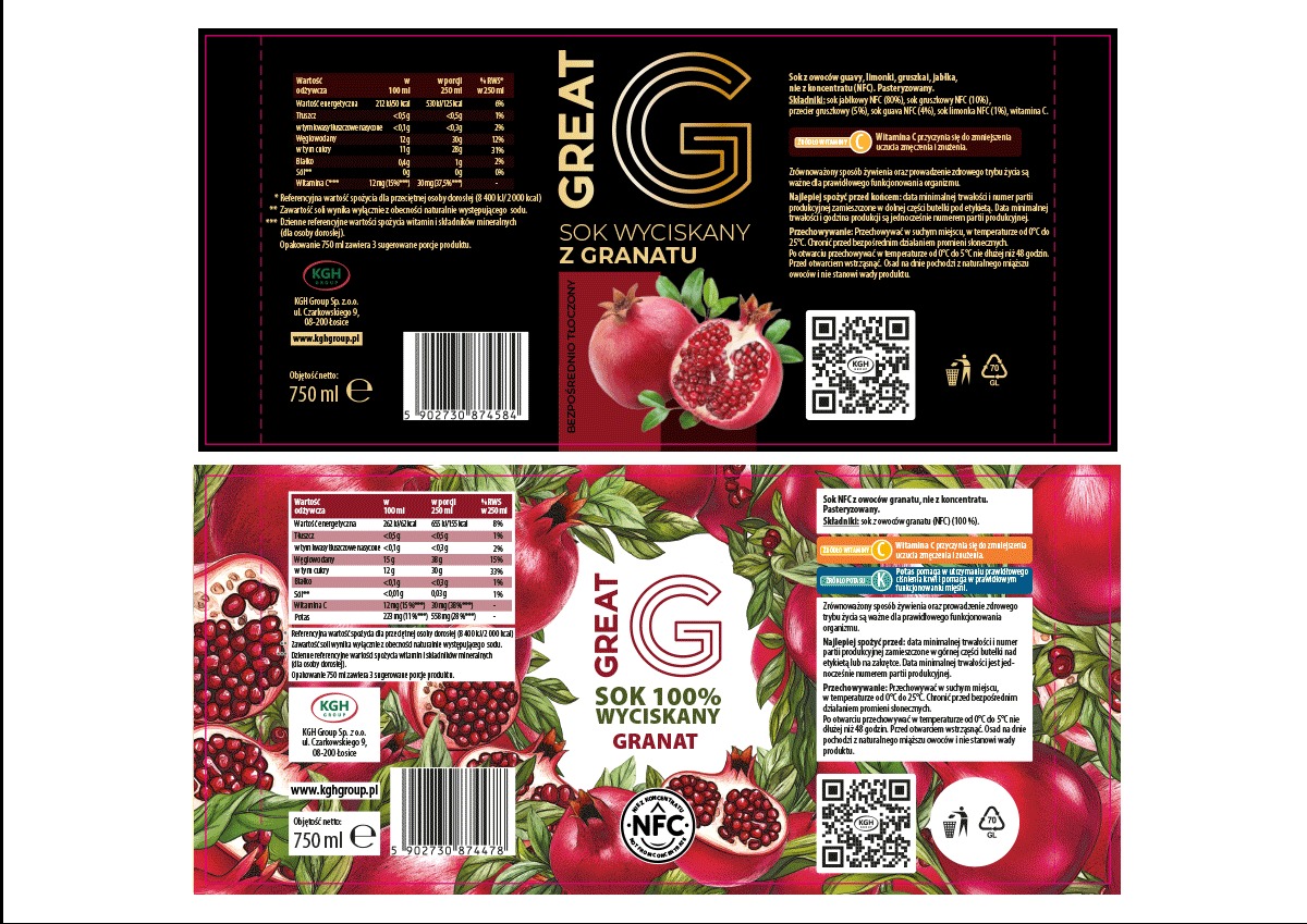 Etykieta soku z granatu GREAT po liftingu: dopracowany wygląd premium, uporządkowane informacje, warianty produkcyjne pod druk. Widoczne granaty i logo.