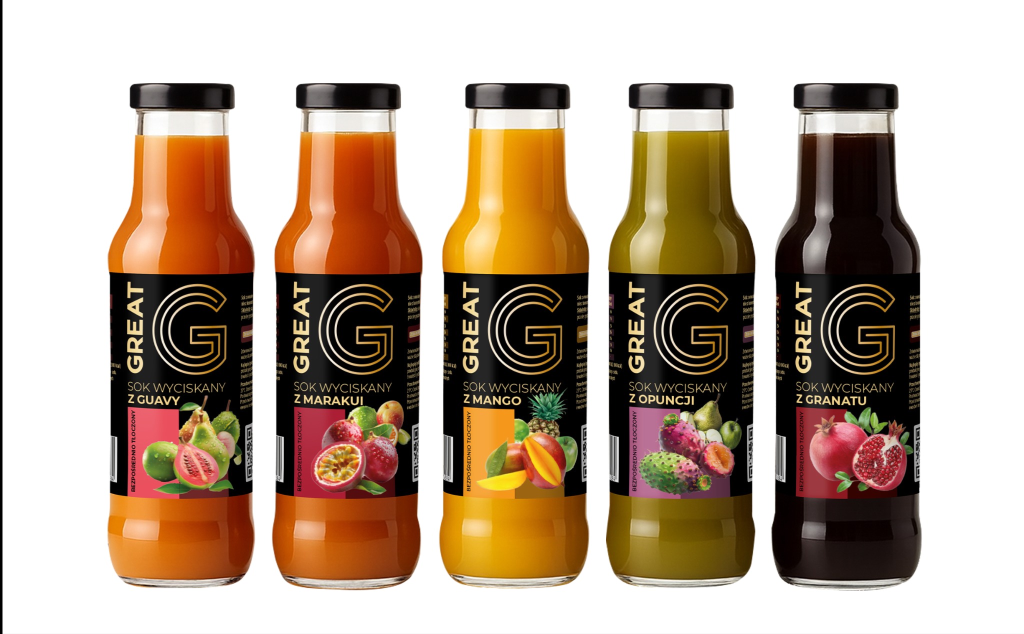 Pięć butelek soków GREAT o różnych smakach (guawa, marakuja, mango, opuncja, granat) na białym tle. Spójny branding, czytelna hierarchia, gotowe pliki do druku.