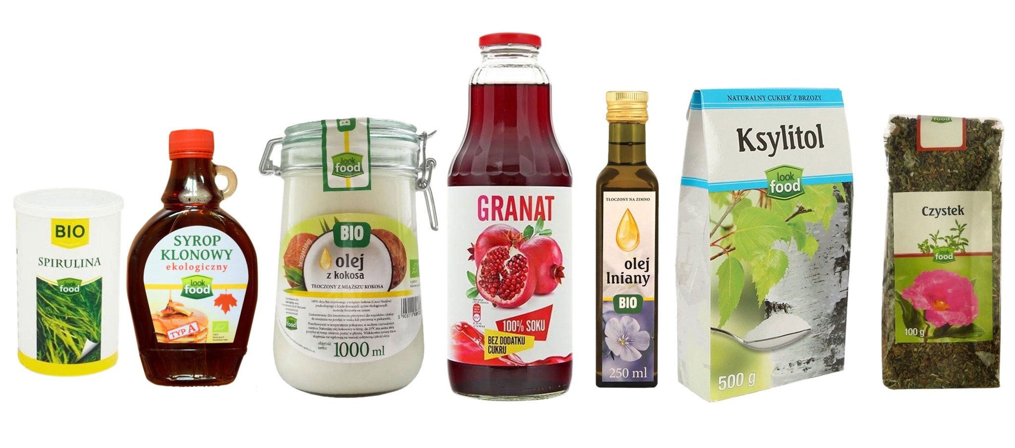 Seria produktów spożywczych BIO w różnych opakowaniach: spirulina, syrop klonowy, olej kokosowy, sok z granatu, olej lniany, ksylitol i czystek.
