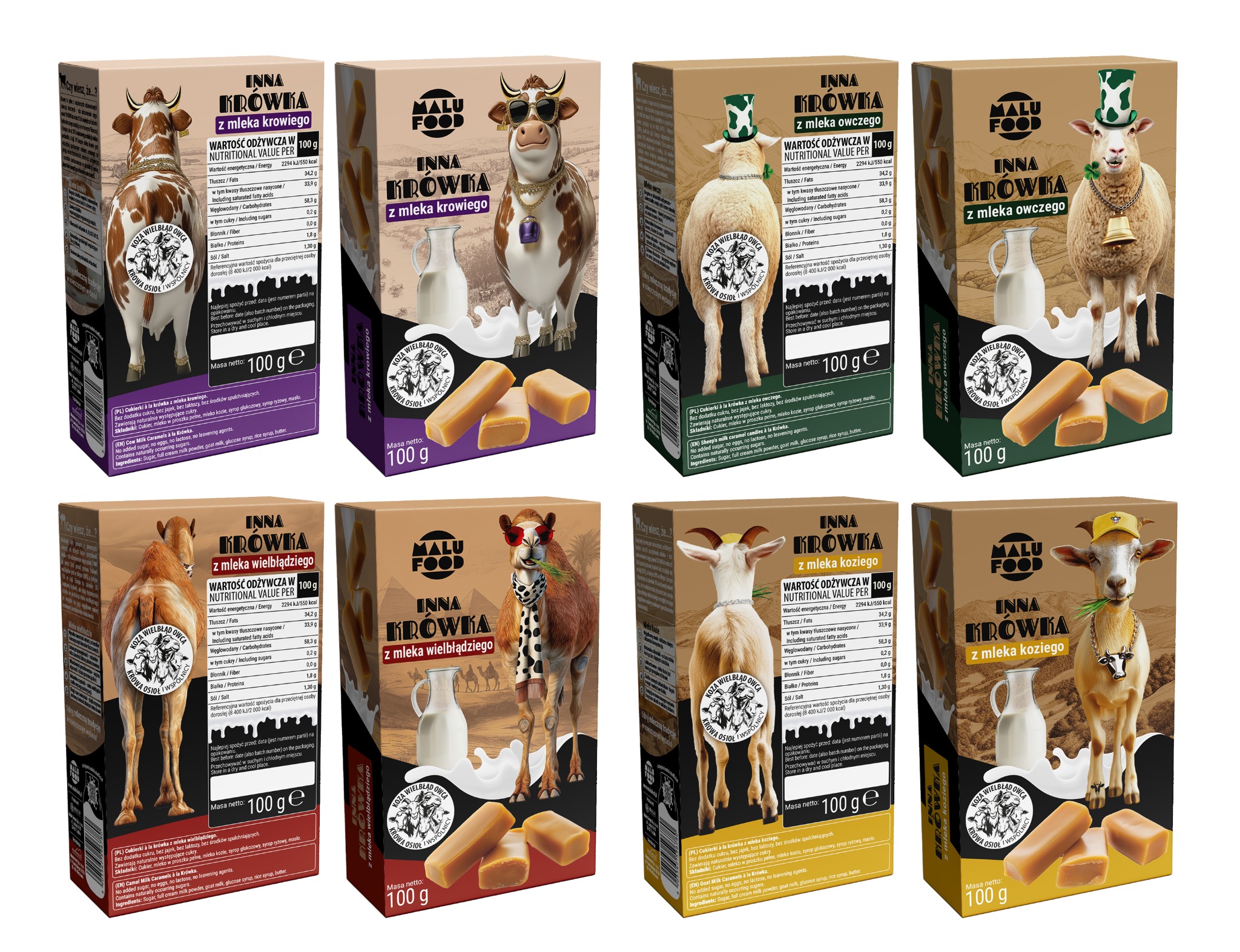Seria opakowań słodyczy 'Inna Krówka' z ilustracjami zwierząt (krowa, owca, wielbłąd, koza) i informacjami o wartościach odżywczych. Prezentacja wariantów smakowych.