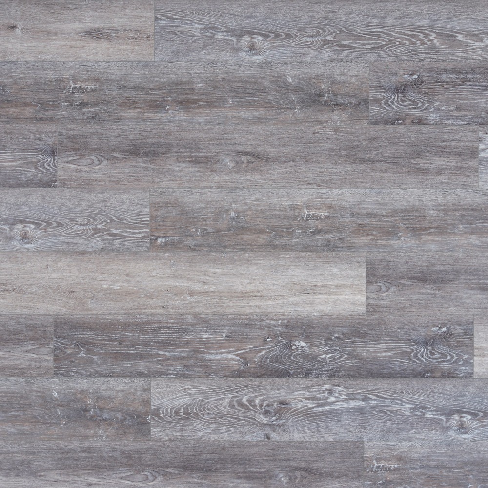 Szare panele winylowe imitujące dąb, ułożone poziomo, z widoczną strukturą drewna i czterostronną V-fugą.