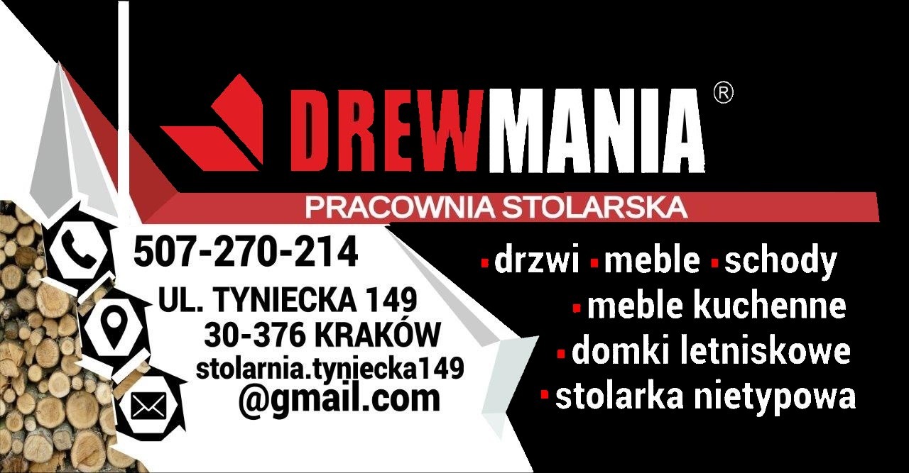 Logo firmy Drewmania, pracowni stolarskiej z Krakowa, oferującej drzwi, meble, schody, meble kuchenne, domki letniskowe i stolarkę nietypową, z podanym numerem telefonu, adresem i adresem e-mail.