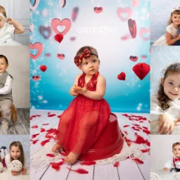 Kolaż zdjęć dziecięcych w strojach okolicznościowych: dziewczynka w czerwonej sukience z cekinami i kokardą na głowie siedzi na czerwonym wiadrze na tle spadających serc, obok inne ujęcia dzieci...