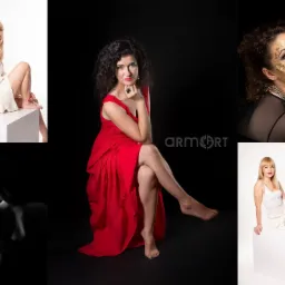 Kompilacja portretów kobiet w studyjnych aranżacjach: blondynka siedząca na białym sześcianie, kobieta w czerwonej sukni na czarnym tle, zbliżenie kobiety z brokatem na twarzy, oraz czarno-biały...