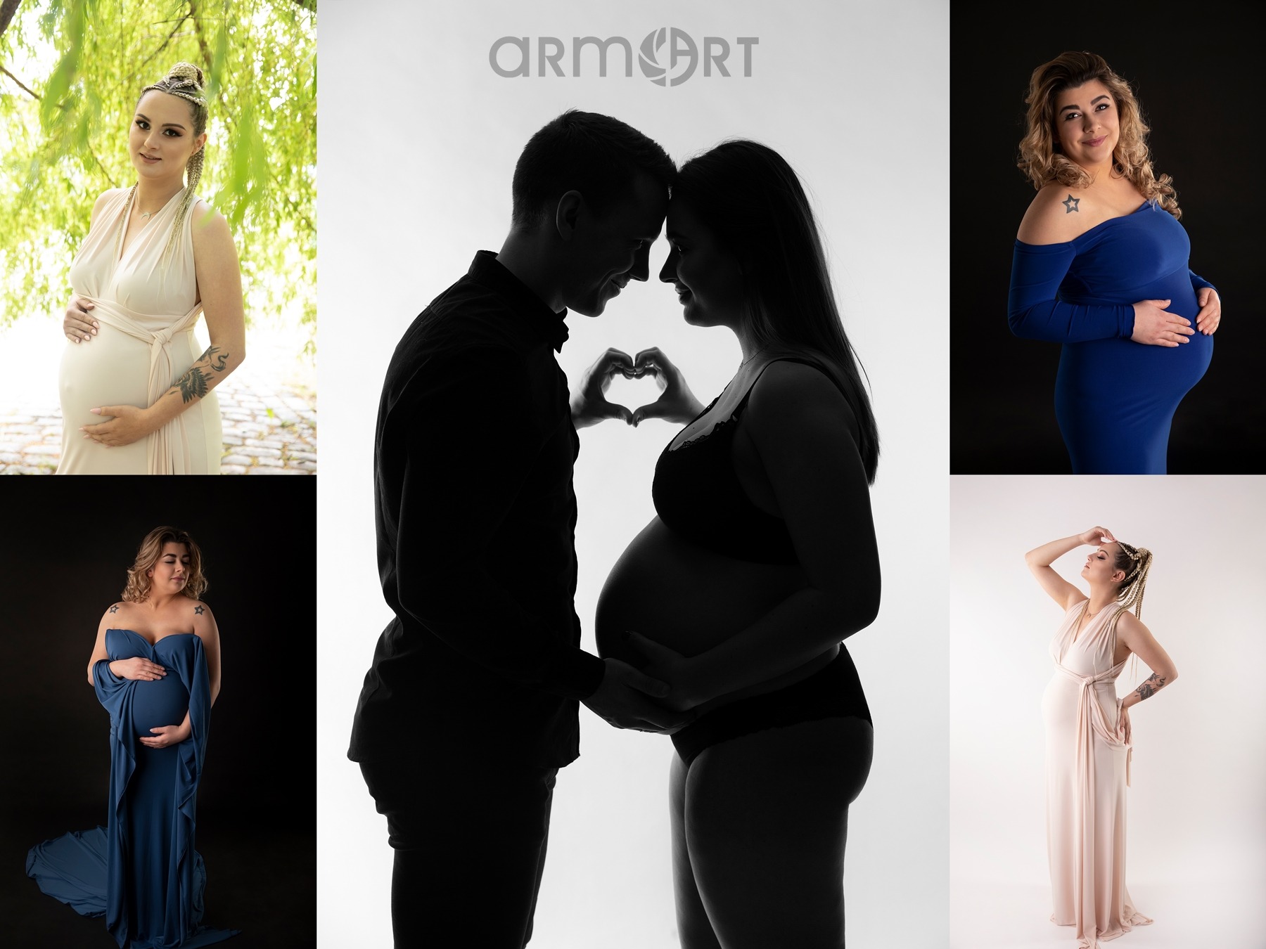 Kolaż zdjęć: przyszła mama w różnych stylizacjach i ujęciach, w tym sylwetki pary tworzących dłońmi serce na brzuchu.