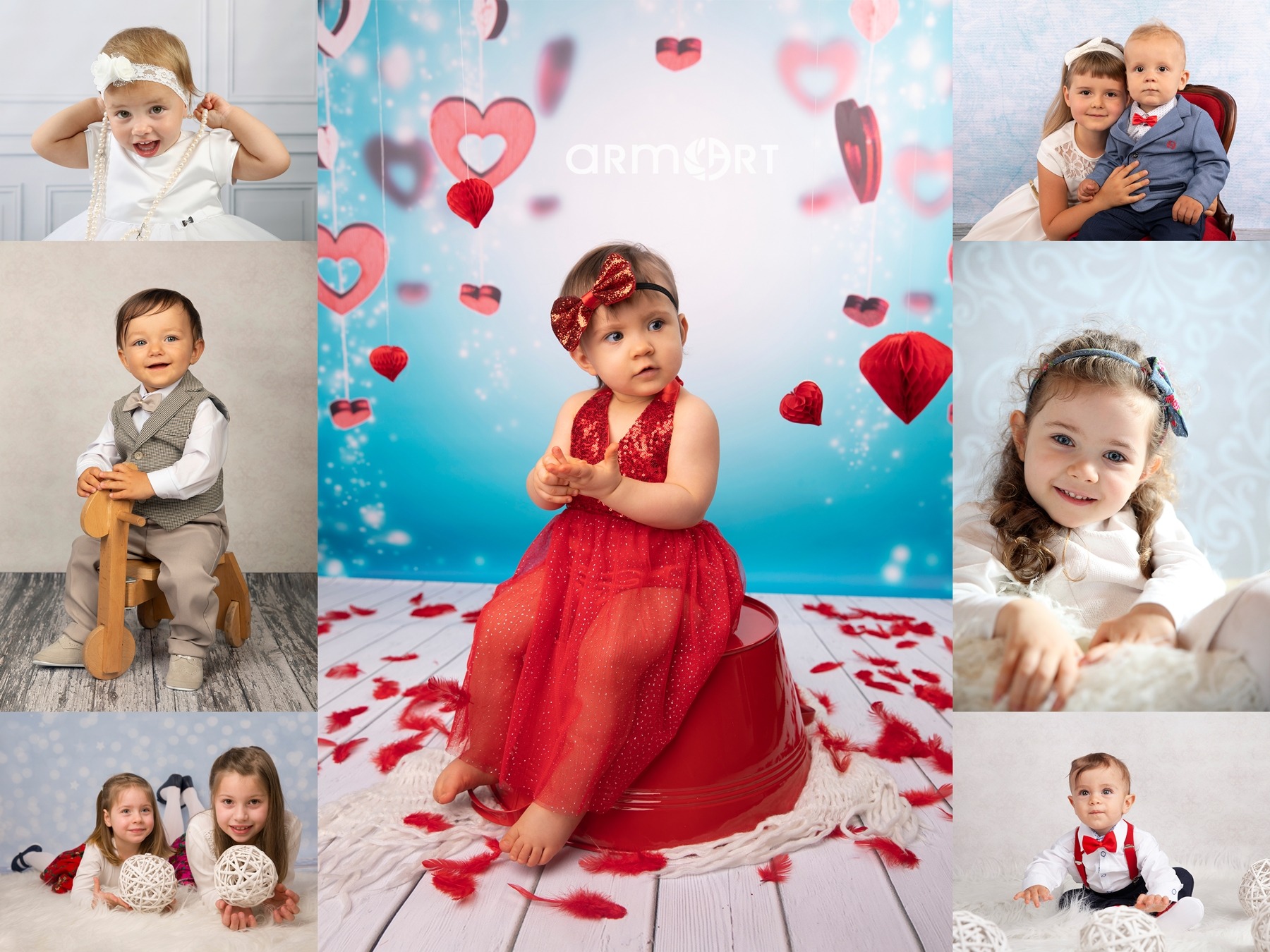 Kolaż zdjęć dziecięcych w strojach okolicznościowych: dziewczynka w czerwonej sukience z cekinami i kokardą na głowie siedzi na czerwonym wiadrze na tle spadających serc, obok inne ujęcia dzieci...