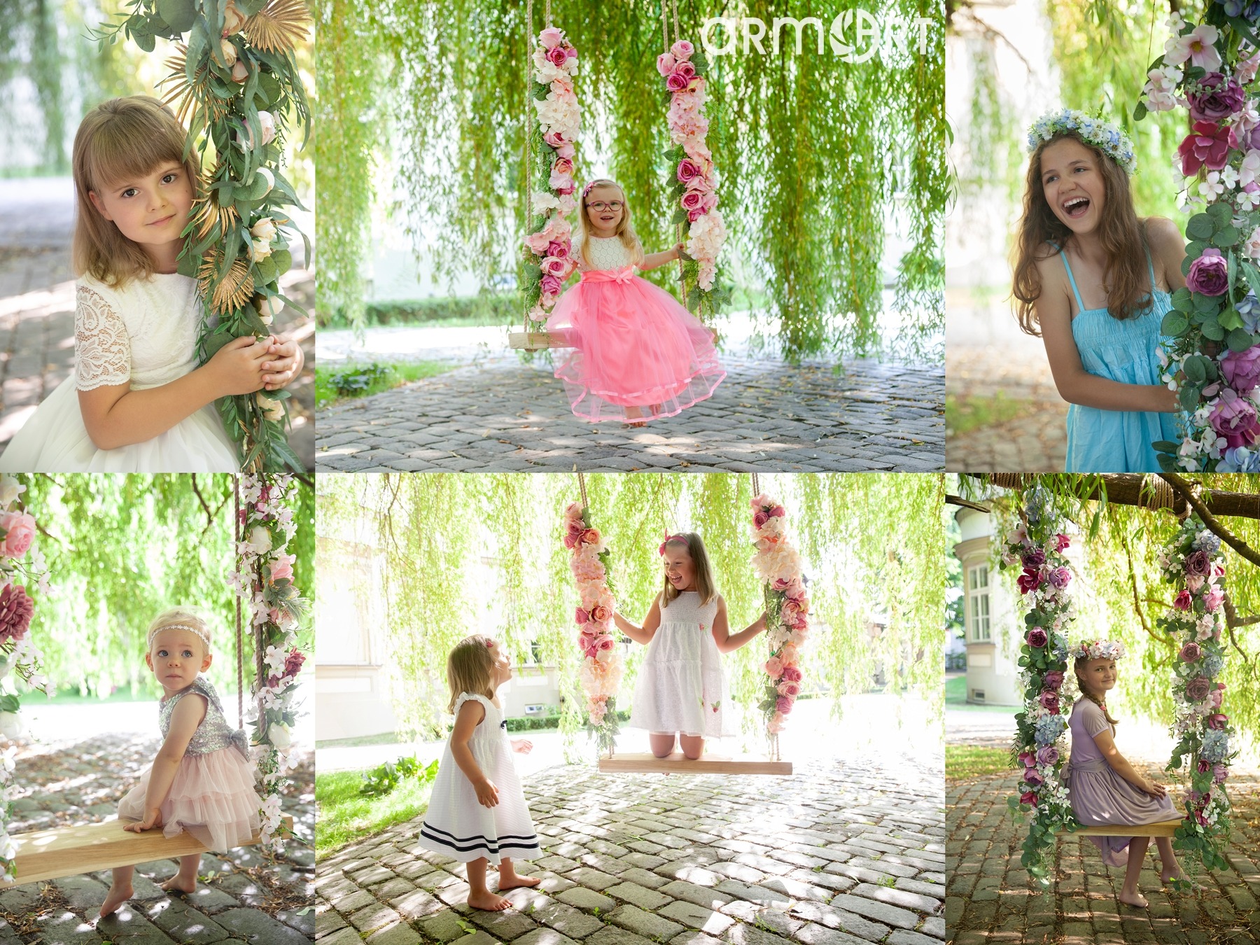 Kompozycja kolażu zdjęć dziewczynek w sukienkach pozujących na huśtawkach zdobionych kwiatami w plenerze.