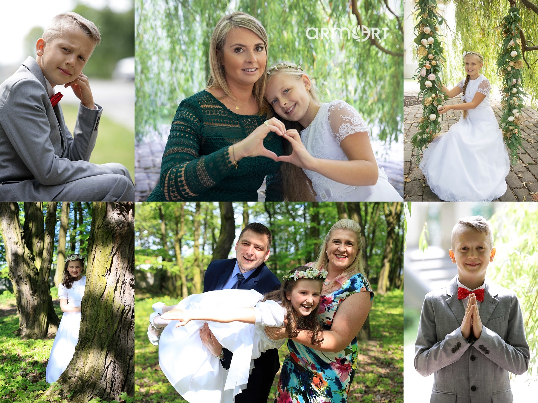 Kolaż z sesji zdjęciowej z okazji Pierwszej Komunii Świętej: portrety chłopca w szarym garniturze z czerwoną muchą, dziewczynki w białej sukience komunijnej z wiankiem, wspólne ujęcia z rodzicami...