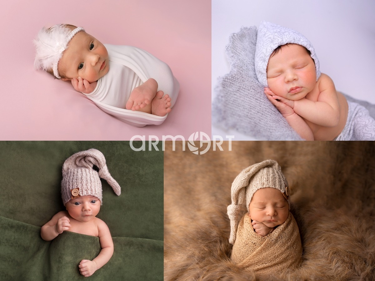 Kolaż czterech ujęć noworodków: zawinięte w biały materiał na różowym tle z piórkową opaską, śpiące na szarym kocyku w szarej czapeczce, na zielonym tle w beżowej czapce z guzikiem, zawinięte...