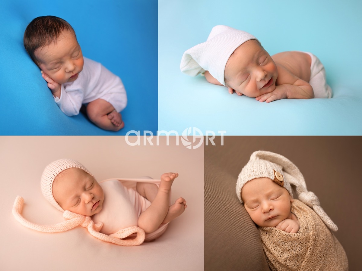Kolaż czterech ujęć śpiącego noworodka w różnych pozach i stylizacjach: na niebieskim tle w białym ubranku, na błękitnym tle w białej czapeczce, na różowym tle w różowej czapeczce z uszkami...