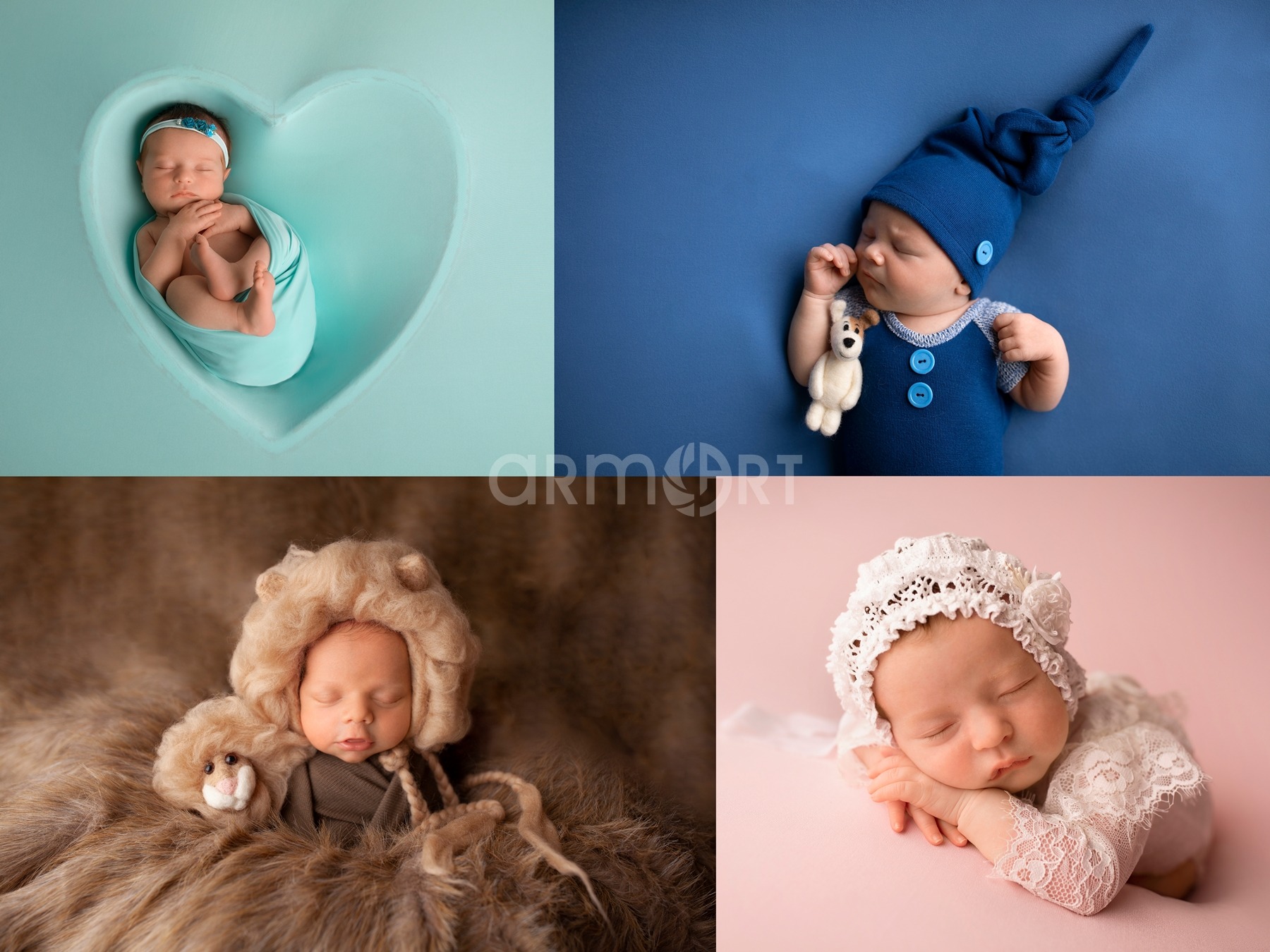 Kolaż czterech ujęć śpiących noworodków w różnych stylizacjach: w turkusowym sercu, w niebieskim stroju z pluszowym misiem, w futrzanej czapce lwa i w koronkowej czapeczce na różowym tle.