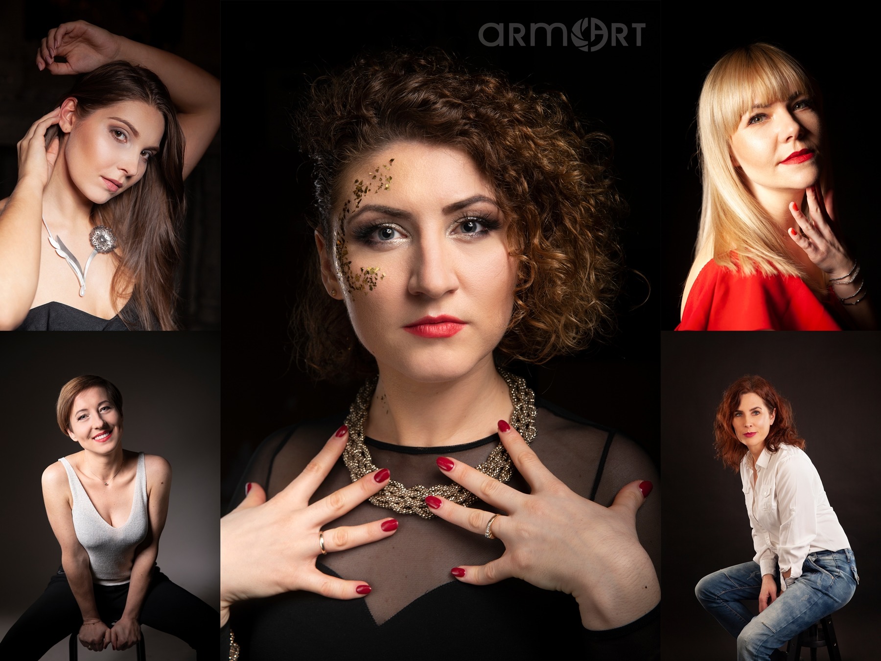Kolaż portretów kobiet z różnymi stylizacjami i makijażem na ciemnym tle, wykonany w studio fotograficznym.