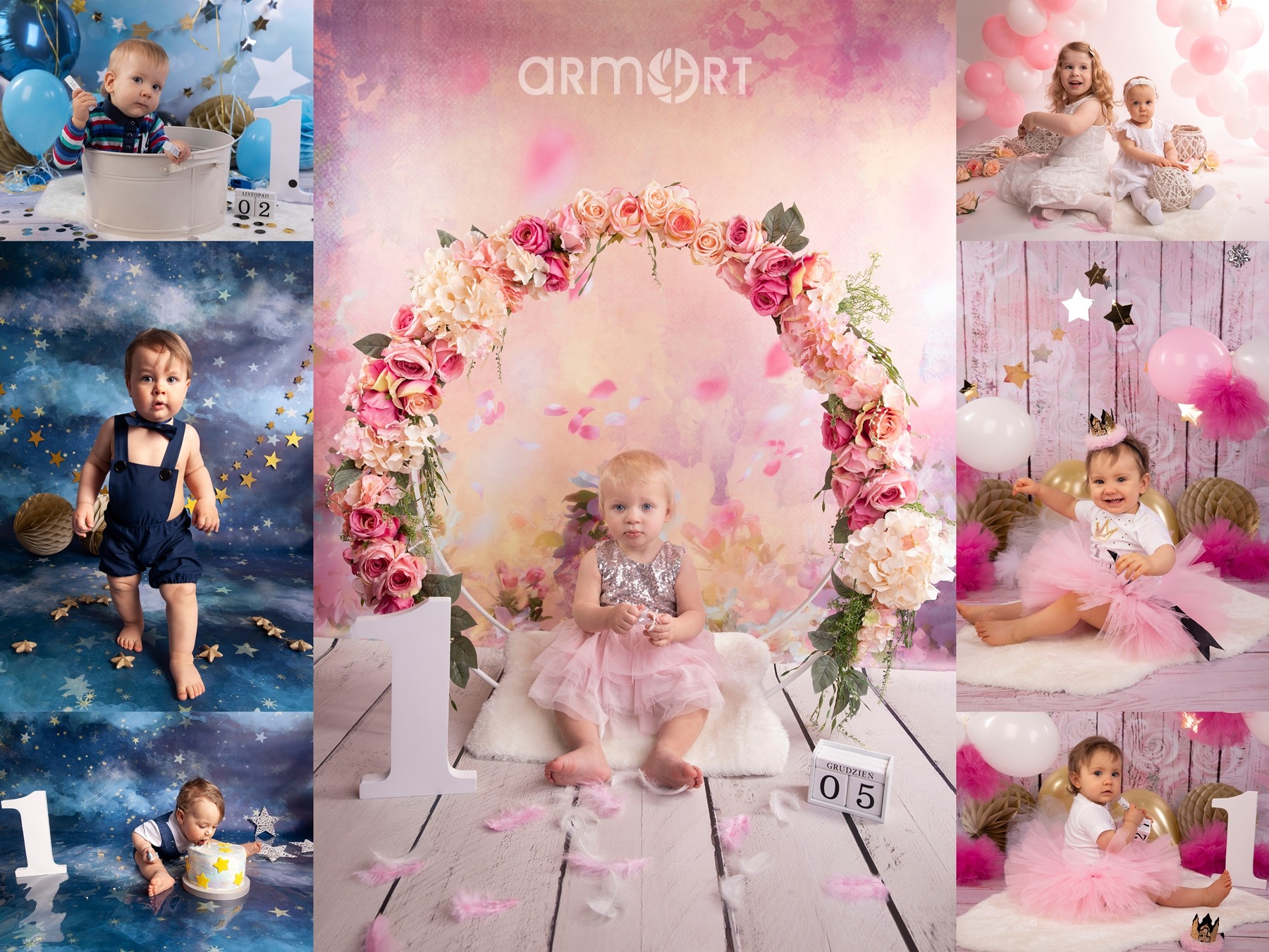 Kolaż zdjęć dziecięcych z sesji roczkowych, z dekoracjami kwiatowymi, balonami, cyfrą '1' i kalendarzem z datą.