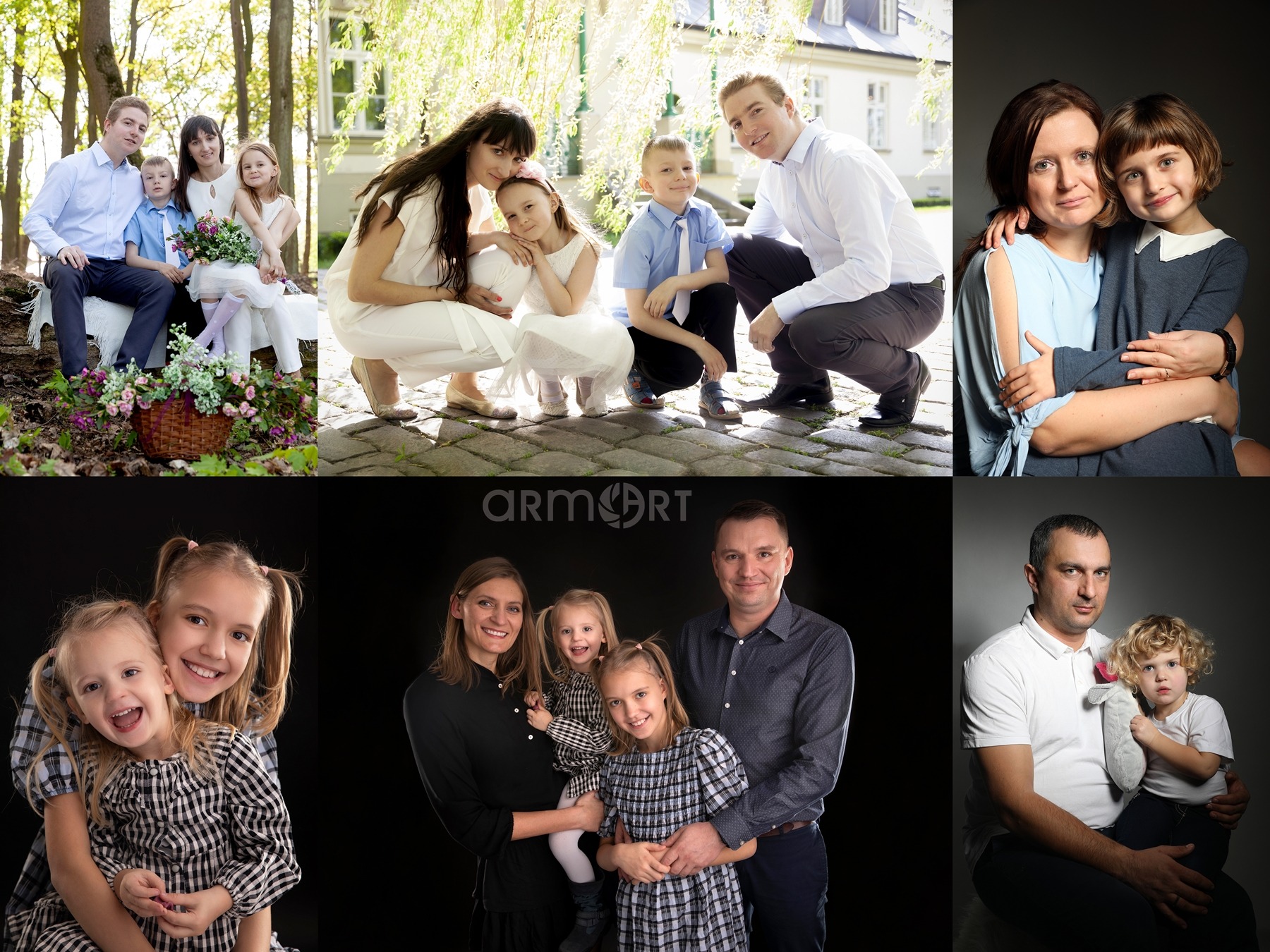 Kolaż zdjęć rodzinnych: sesja plenerowa z kwiatami, portrety matki z córką na szarym tle, rodzinne ujęcia na czarnym tle.