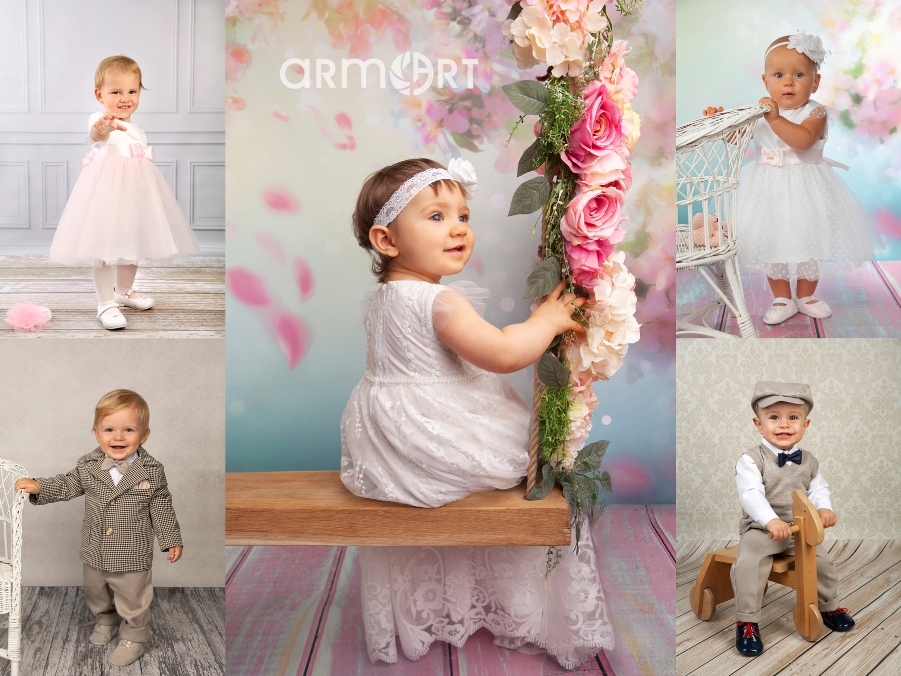 Kolaż z sesji dziecięcej: dziewczynki w białych sukienkach na tle kwiatowych dekoracji i chłopiec w tweedowej marynarce oraz na drewnianym koniku.