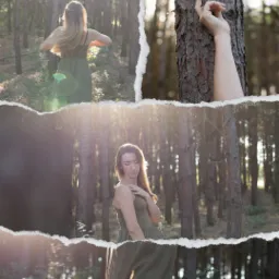 Kobieta w zwiewnej sukience pozuje w lesie, kompozycja z efektem podartych brzegów, ukazująca różne ujęcia: cała sylwetka z tyłu, dłoń dotykająca kory drzewa oraz profil z delikatnym dotykiem...