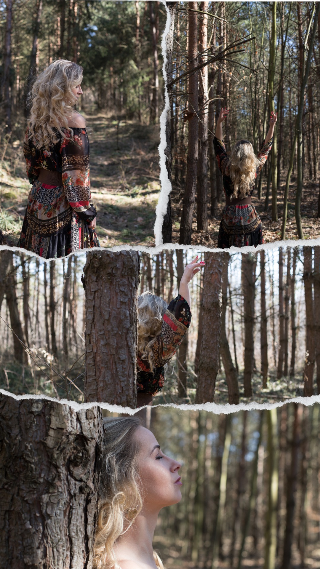 Kolaż z trzech ujęć kobiety w kwiecistej sukni w lesie: odwrócona tyłem, z podniesionymi rękami i z profilu, oparta o drzewo z zamkniętymi oczami.