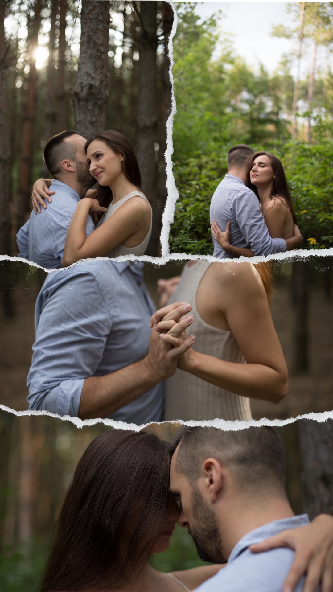 Para zakochanych w lesie, kolaż z trzech ujęć: on szepcze jej do ucha, obejmują się, trzymają się za ręce, stylizowane na postrzępiony papier.