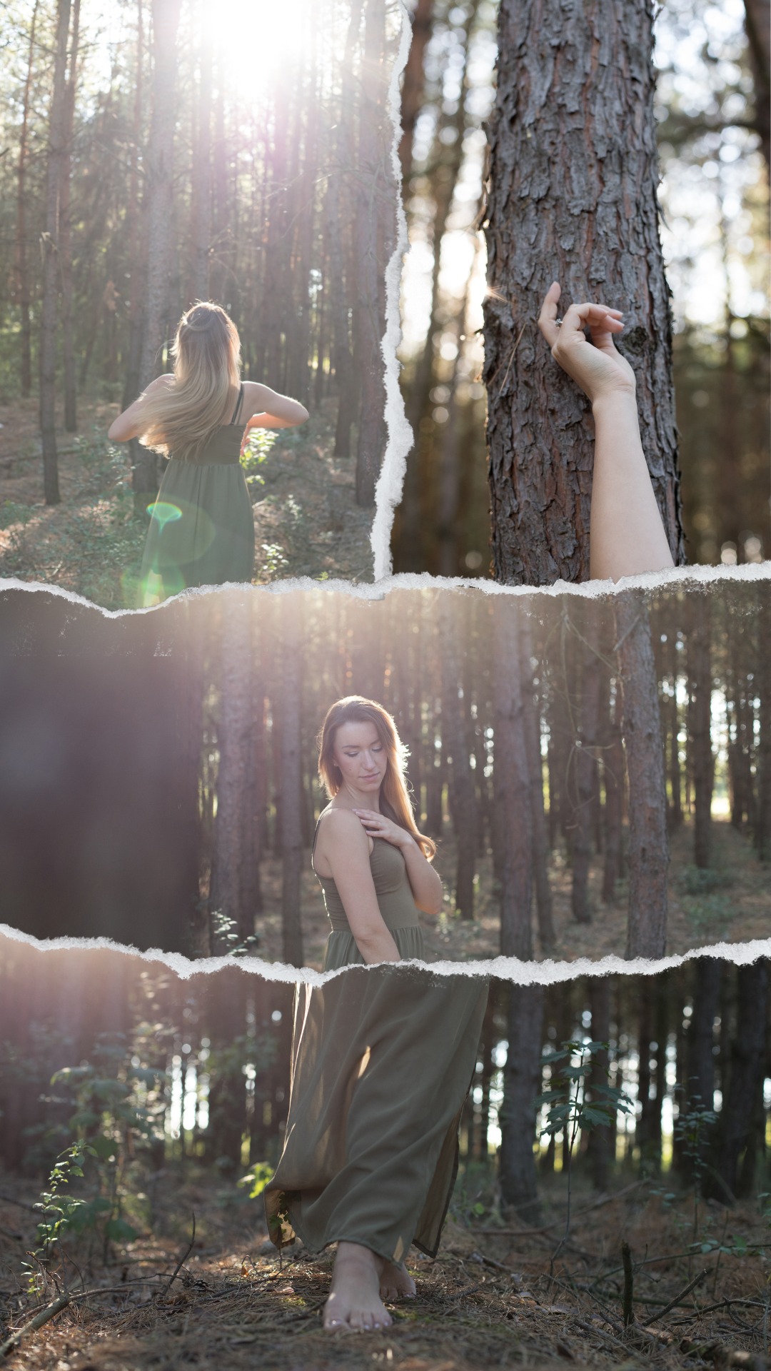 Kobieta w zwiewnej sukience pozuje w lesie, kompozycja z efektem podartych brzegów, ukazująca różne ujęcia: cała sylwetka z tyłu, dłoń dotykająca kory drzewa oraz profil z delikatnym dotykiem...