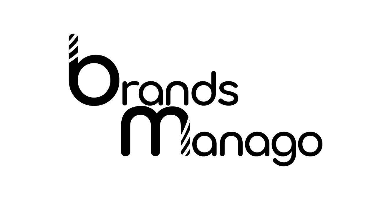 Czarno-białe logo 'Brands Manago' z charakterystycznym elementem graficznym w literze 'b' i 'm', umieszczone na białym tle.