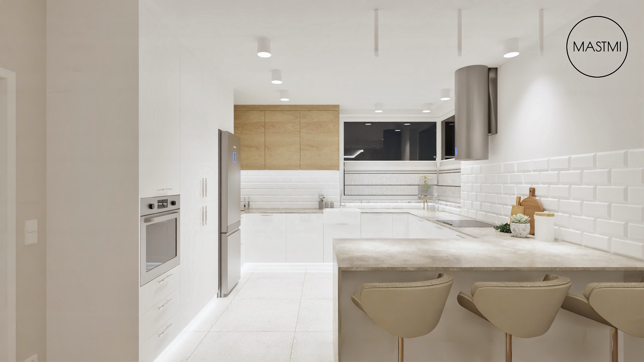 Jasna, nowoczesna kuchnia z białymi szafkami, drewnianymi akcentami, wyspą z hokerami i logo firmy MASTMI w prawym górnym rogu.