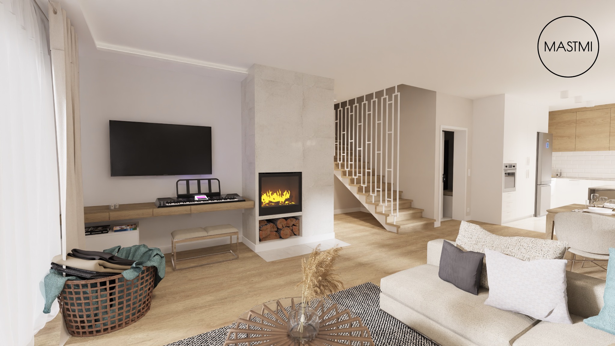 Wizualizacja salonu z kominkiem, schodami z ażurową balustradą i telewizorem nad biurkiem z keyboardem, w neutralnej kolorystyce z drewnianymi akcentami i logo firmy w prawym górnym rogu.