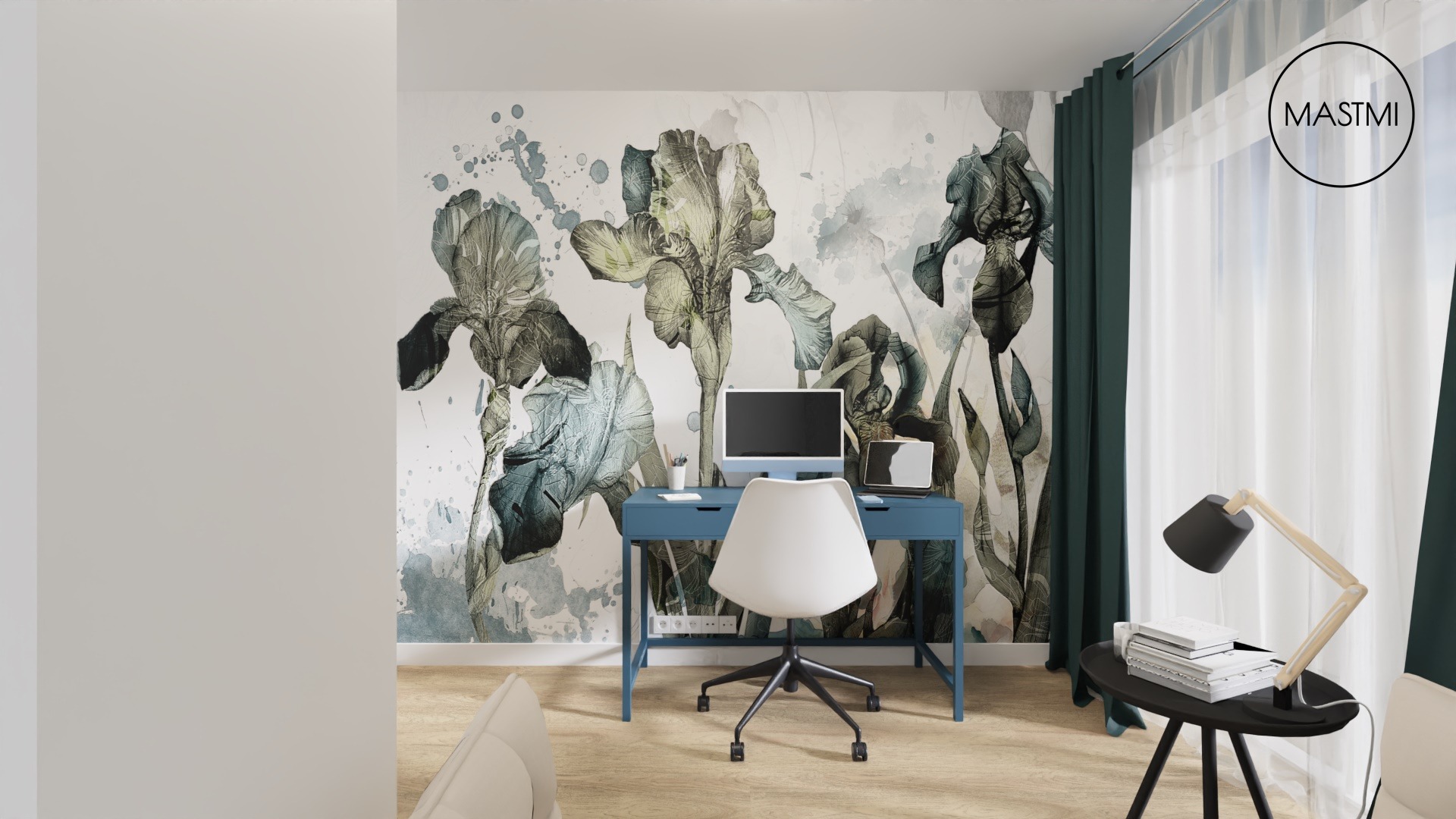 Pokój z biurkiem i krzesłem na tle ściany z motywem kwiatowym, ciemnozielone zasłony przy oknie, lampka na stoliku obok.