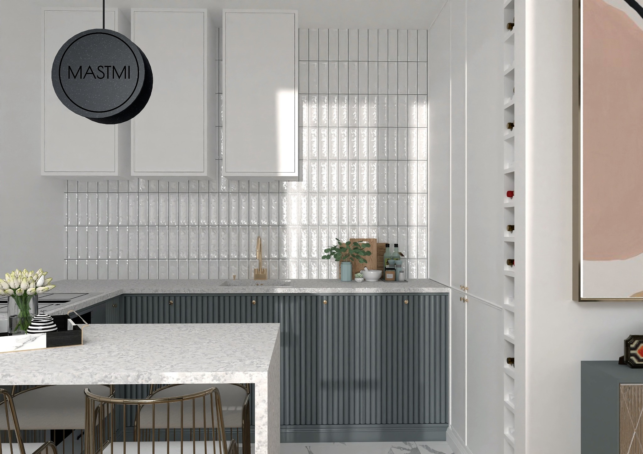Nowoczesna aranżacja kuchni w Warszawie z szarymi szafkami z ryflowanym frontem, białym blatem z kamienia, złotą armaturą i dekoracyjnymi płytkami ściennymi imitującymi szkło.