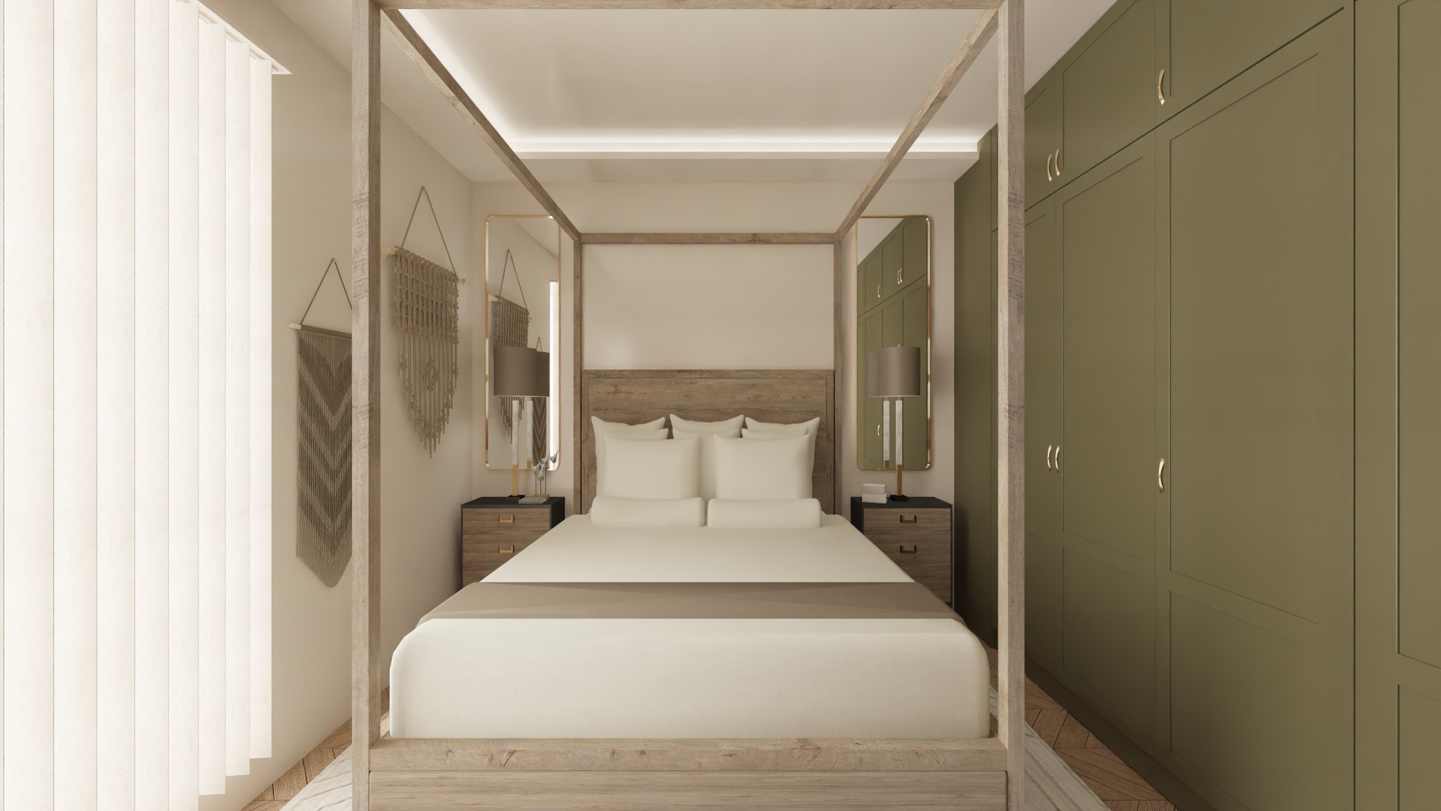 Sypialnia z łóżkiem z baldachimem z drewnianą ramą, oliwkowa szafa w zabudowie, dwie lampki nocne z szarymi abażurami, dekoracje makrama na ścianie i pionowe żaluzje.