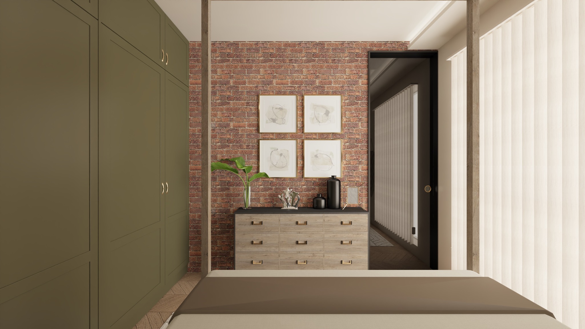 Sypialnia z łóżkiem, komodą z dekoracjami, zieloną szafą w zabudowie i ścianą z cegły z czterema obrazkami.