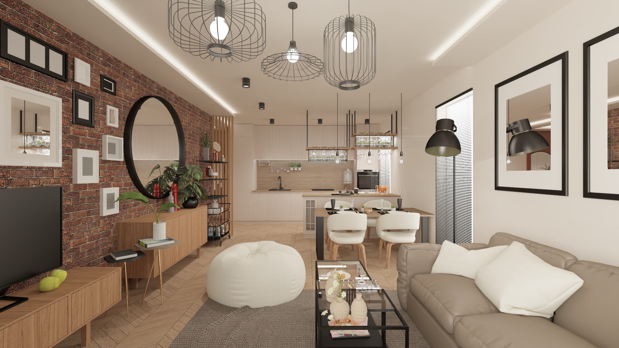 Wnętrze mieszkania z ceglaną ścianą, drewnianymi meblami, okrągłym lustrem, sofą i otwartą kuchnią z wyspą.