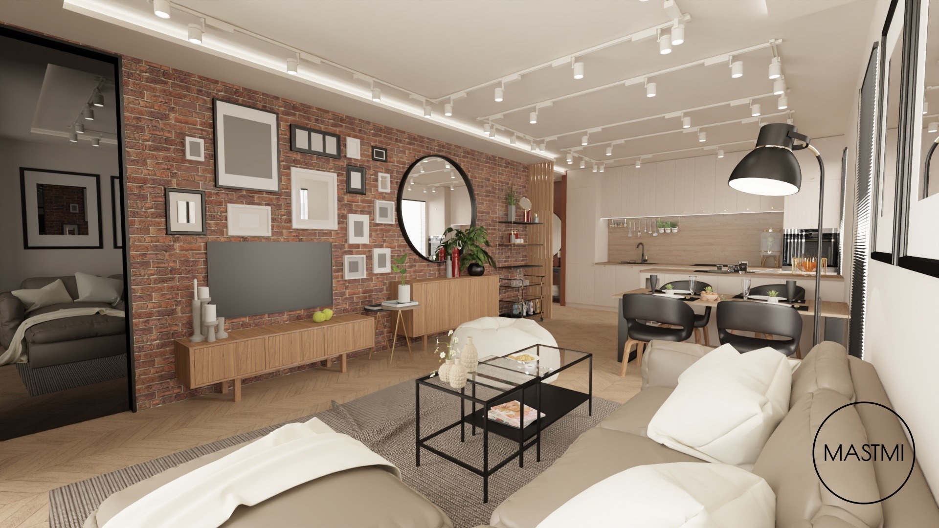 Wizualizacja salonu z ceglaną ścianą, telewizorem, dekoracjami ściennymi, sofą w kolorze beżowym, stolikiem kawowym i otwartą kuchnią w tle.