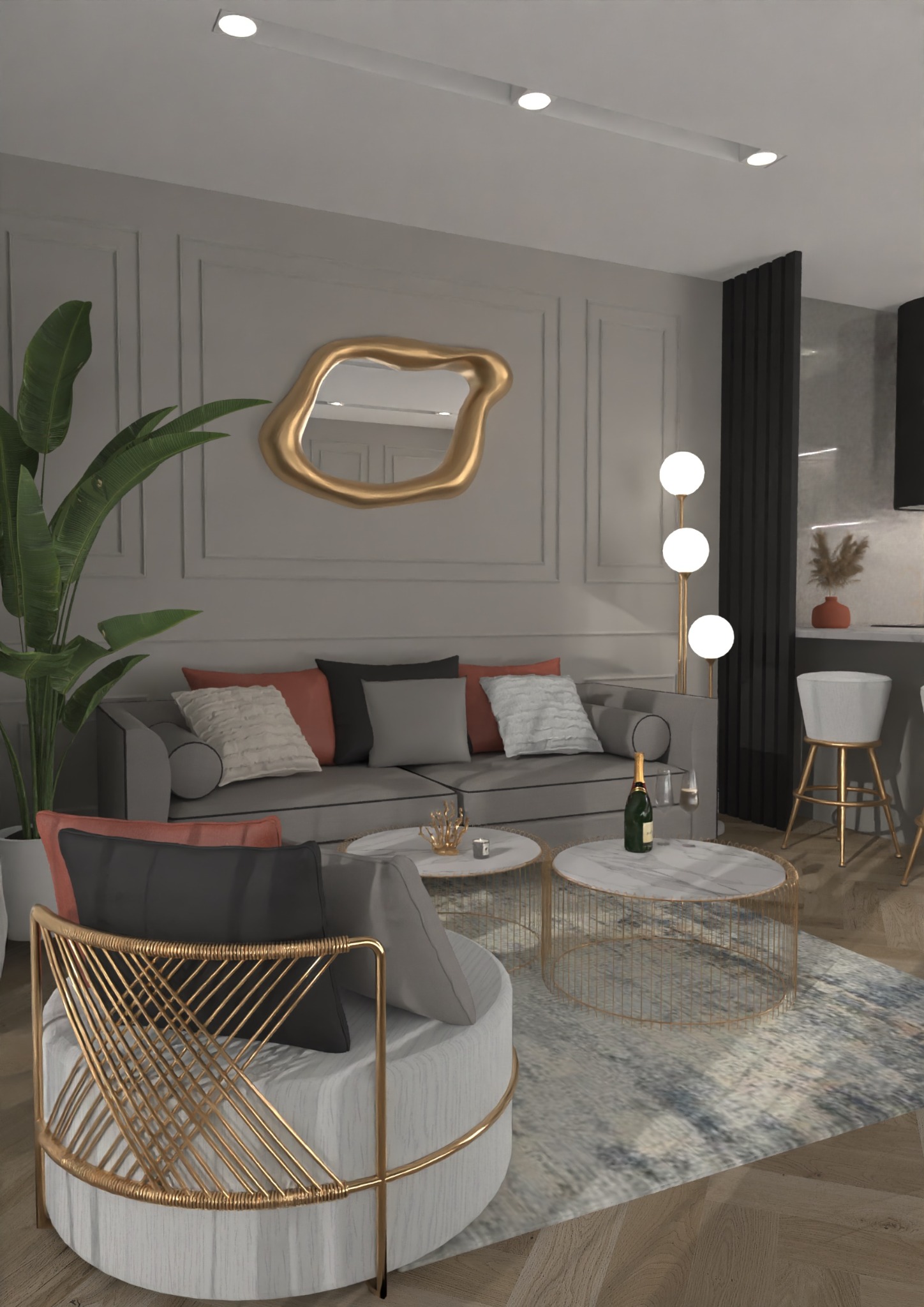 Wizualizacja salonu z szarą sofą, okrągłymi stolikami kawowymi z marmurowymi blatami i złotymi podstawami, oraz krzesłem z plecionego złota. Na ścianie asymetryczne złote lustro, a obok lampa...