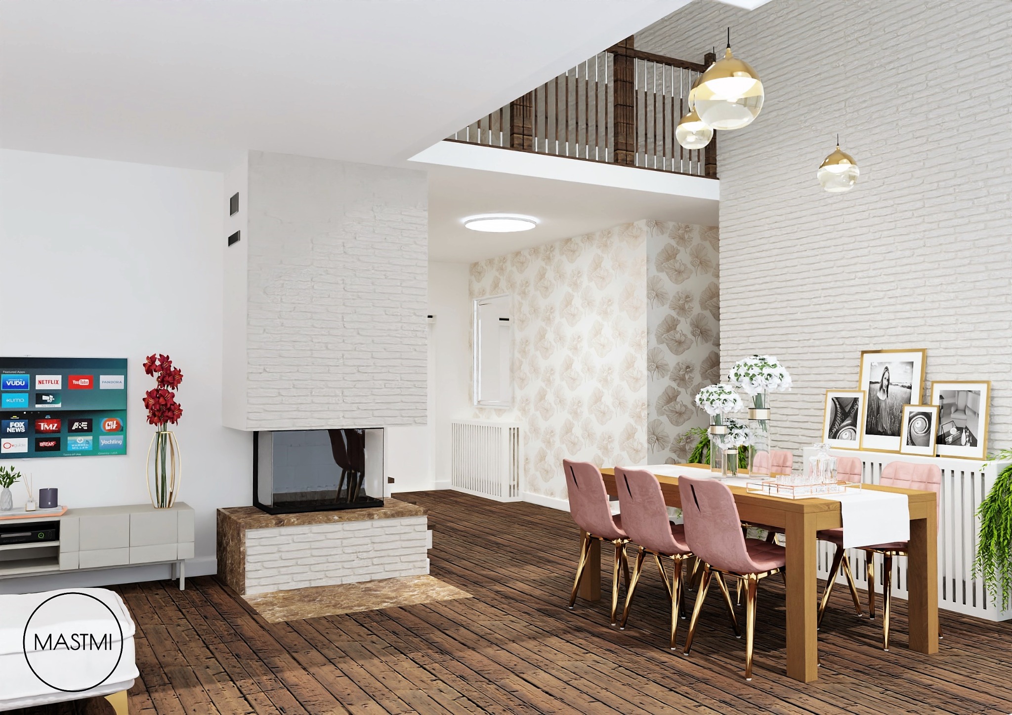 Wizualizacja dwupoziomowego salonu z ceglanym kominkiem, drewnianą podłogą i stołem jadalnym z różowymi krzesłami na złotych nogach, oświetlonego wiszącymi lampami z kloszami w kolorze złota.